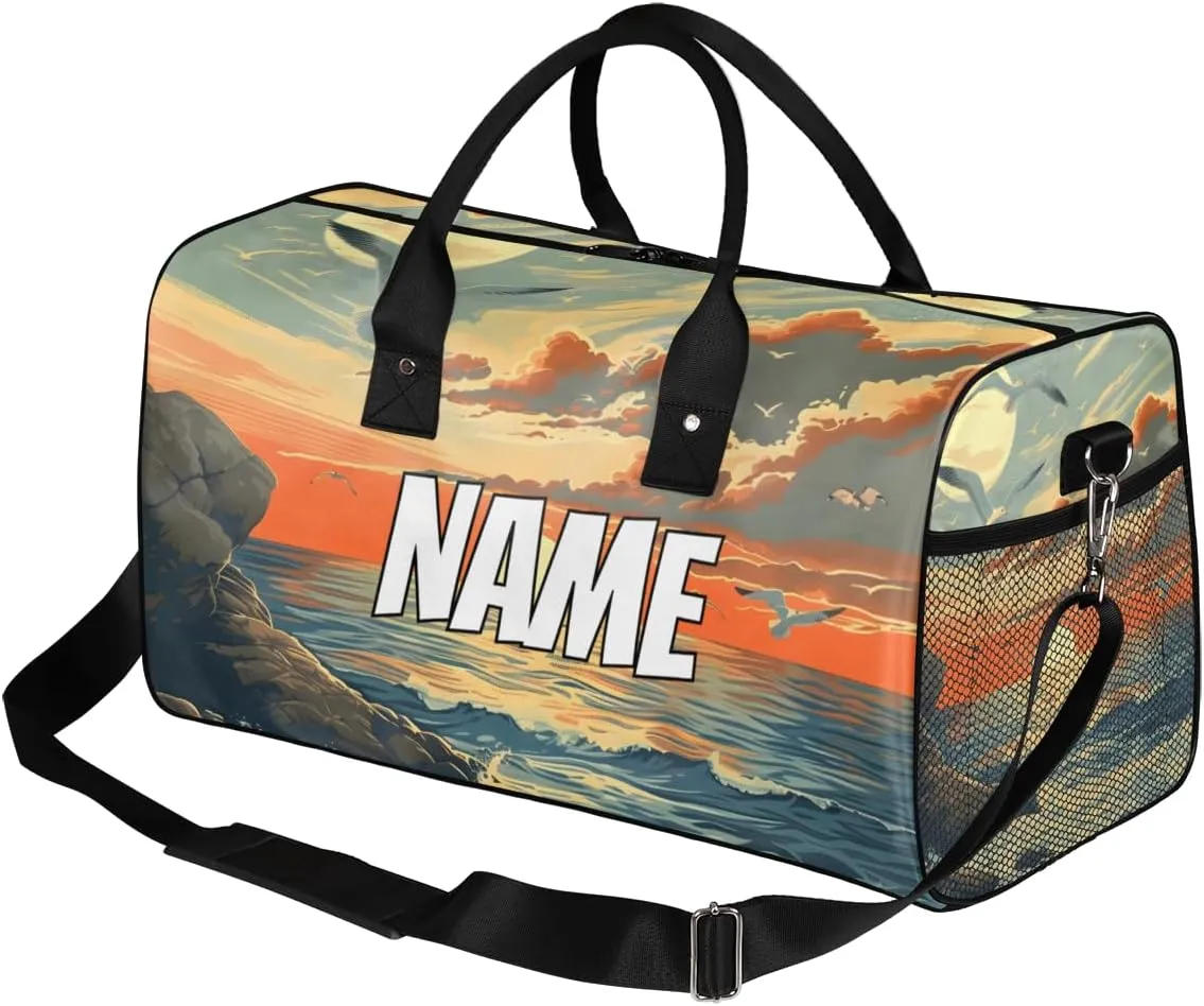 Personalized Landscape Beach Travel Duffel Bag with Name, Custom Gym Sport Bag Sunset Seagull Carry On Weekend Overnight Duffel Bag for Men Women