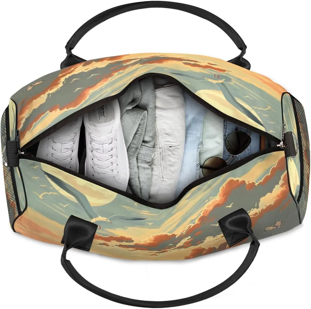 Personalized Landscape Beach Travel Duffel Bag with Name, Custom Gym Sport Bag Sunset Seagull Carry On Weekend Overnight Duffel Bag for Men Women