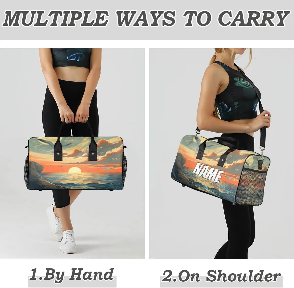 Personalized Landscape Beach Travel Duffel Bag with Name, Custom Gym Sport Bag Sunset Seagull Carry On Weekend Overnight Duffel Bag for Men Women