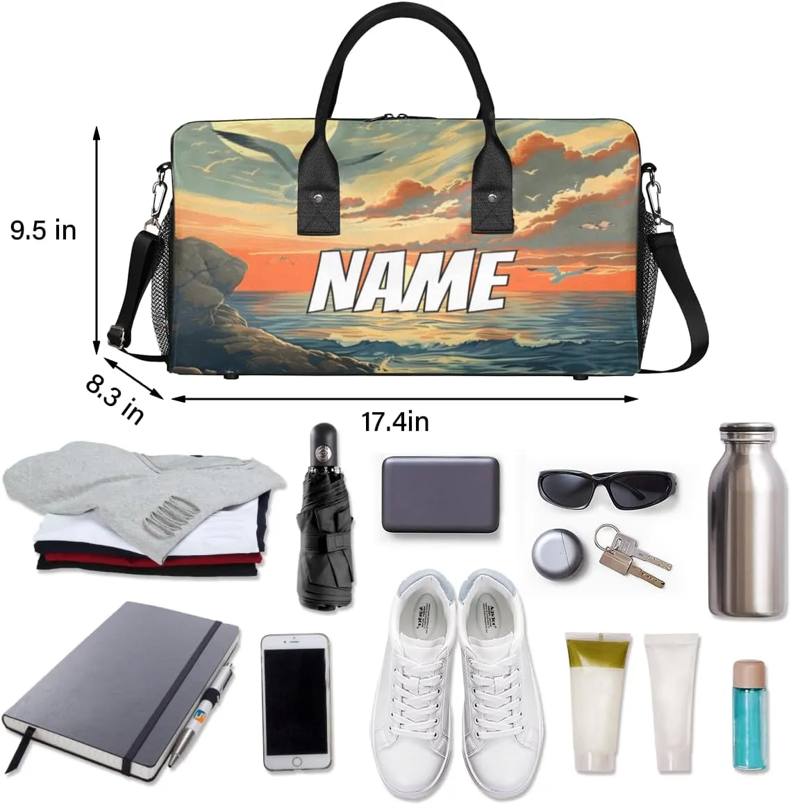 Personalized Landscape Beach Travel Duffel Bag with Name, Custom Gym Sport Bag Sunset Seagull Carry On Weekend Overnight Duffel Bag for Men Women