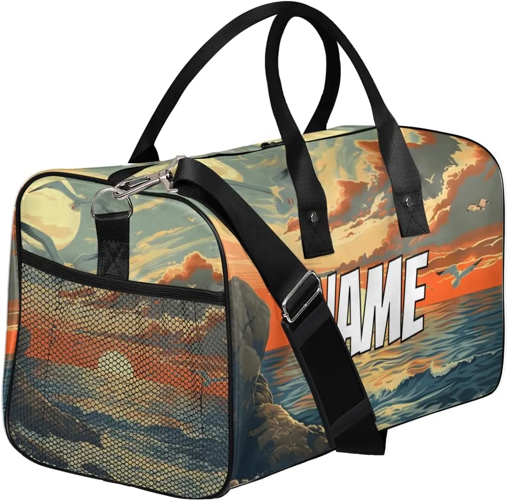 Personalized Landscape Beach Travel Duffel Bag with Name, Custom Gym Sport Bag Sunset Seagull Carry On Weekend Overnight Duffel Bag for Men Women