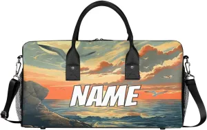 Personalized Landscape Beach Travel Duffel Bag with Name, Custom Gym Sport Bag Sunset Seagull Carry On Weekend Overnight Duffel Bag for Men Women