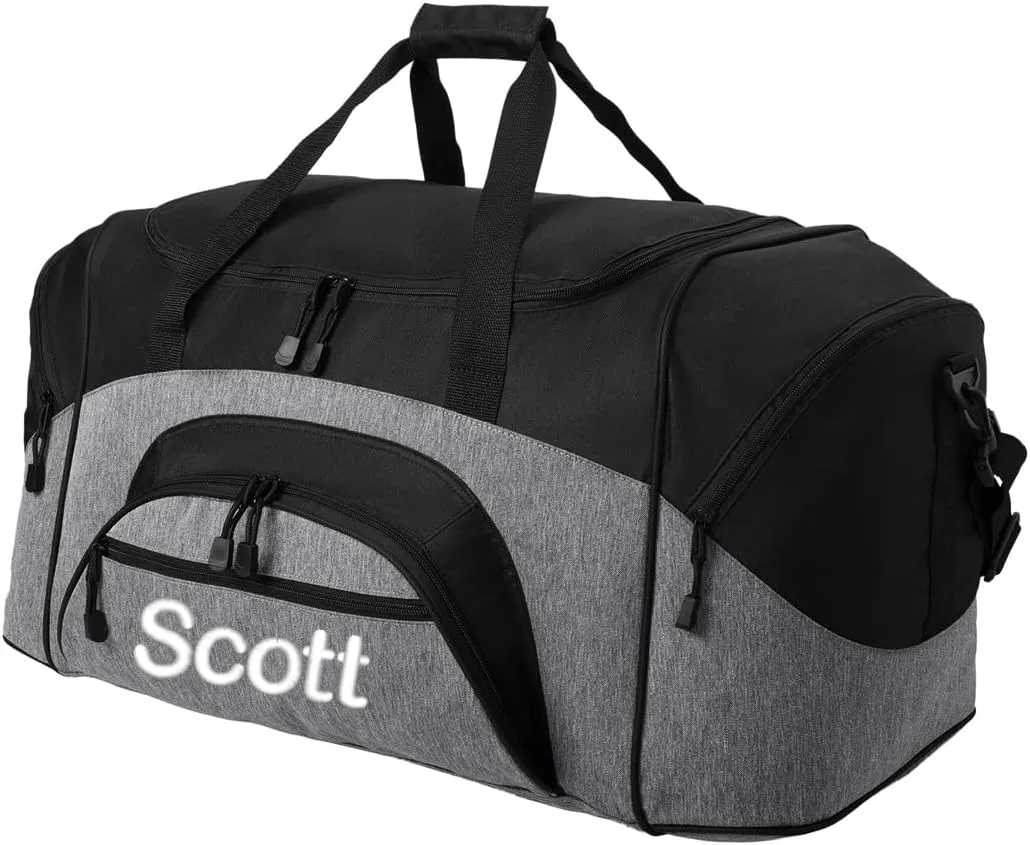 Personalized Large Duffel Bag, Football, Soccer, Basketball, Baseball Duffle Bag, Athlete Gift, Sport Bag, Embroidered Name, Heather Grey/Black
