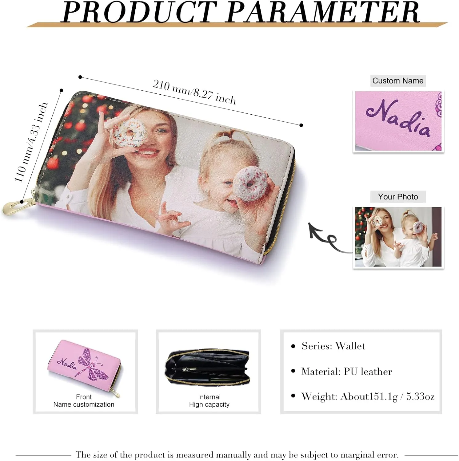 Personalized Leather Wallets for Women Custom Photo Wallet Holder Zipper Engraved Wallets Credit Card Clutch Wallet Mother'S Day Gifts for Mom Her (Style 10)