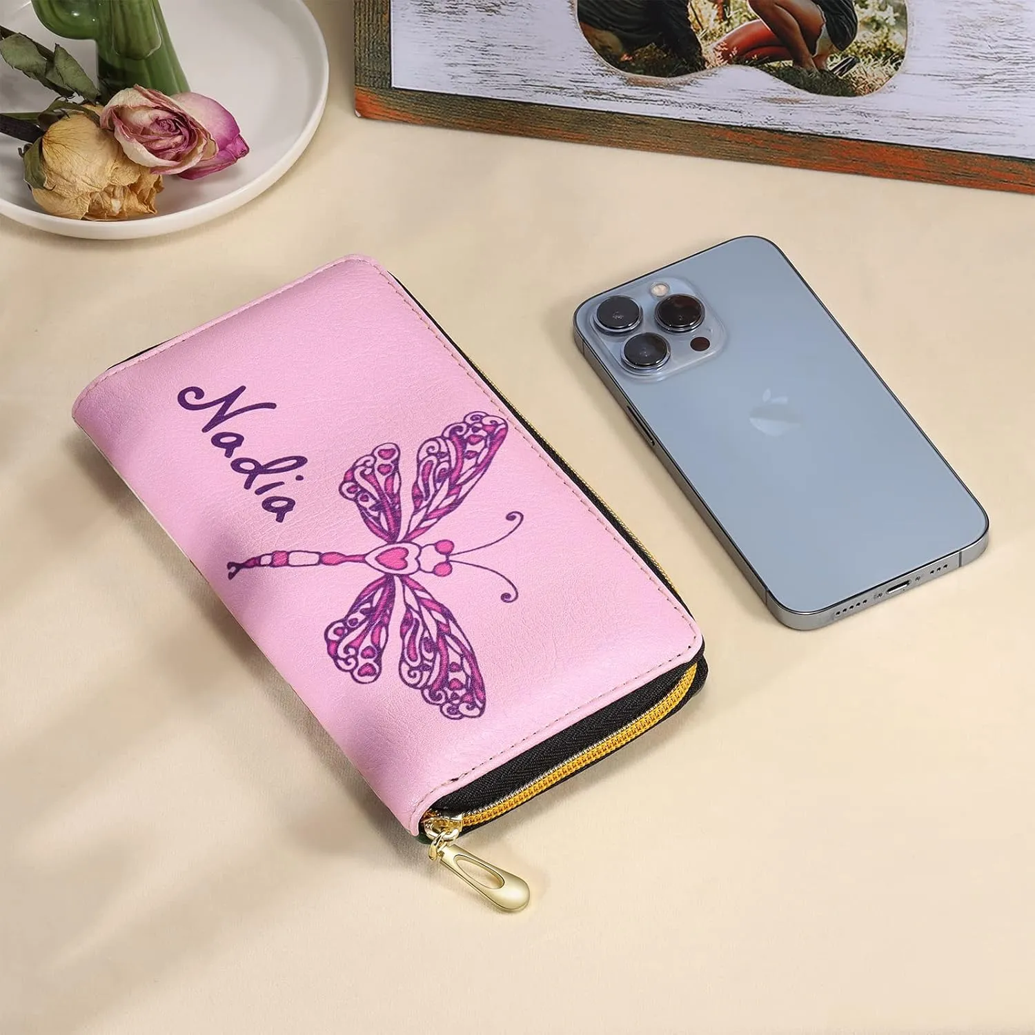 Personalized Leather Wallets for Women Custom Photo Wallet Holder Zipper Engraved Wallets Credit Card Clutch Wallet Mother'S Day Gifts for Mom Her (Style 10)