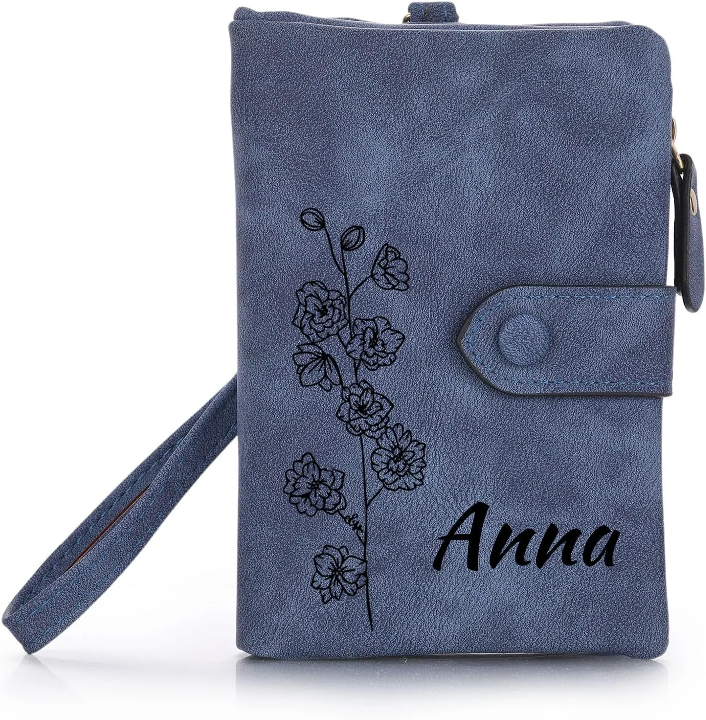 Personalized Leather Wallets for Women Wallets with Zipper Coin Purse with Wrist Strap Small Ladies Wallet with Name Birth Flower Leather Wallet for Girlfriend Wife Mother's Day - Blue