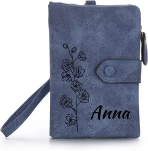 Personalized Leather Wallets for Women Wallets with Zipper Coin Purse with Wrist Strap Small Ladies Wallet with Name Birth Flower Leather Wallet for Girlfriend Wife Mother's Day - Blue