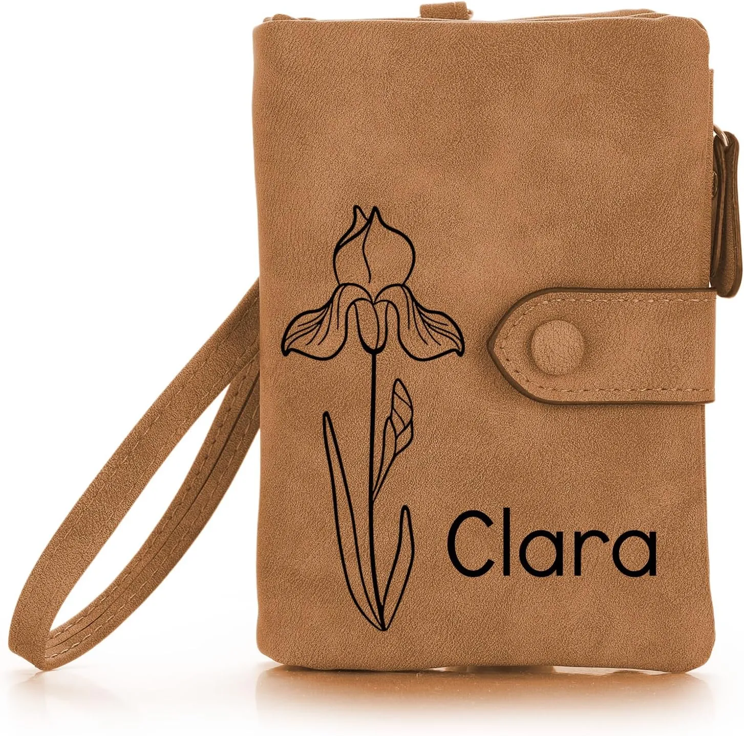 Personalized Leather Wallets for Women Wallets with Zipper Coin Purse with Wrist Strap Small Ladies Wallet with Name Birth Flower Leather Wallet for Girlfriend Wife Mother's Day - Brown