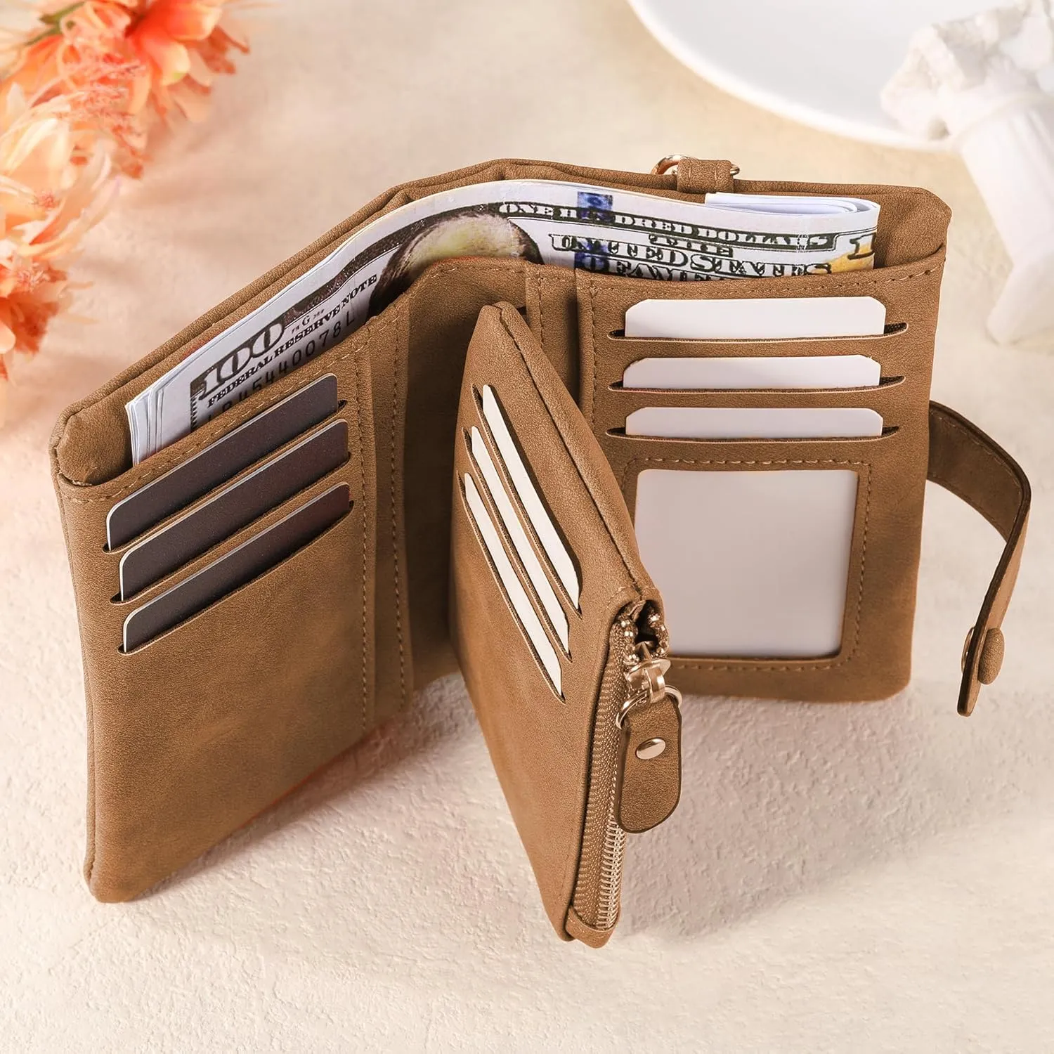 Personalized Leather Wallets for Women Wallets with Zipper Coin Purse with Wrist Strap Small Ladies Wallet with Name Birth Flower Leather Wallet for Girlfriend Wife Mother's Day - Brown