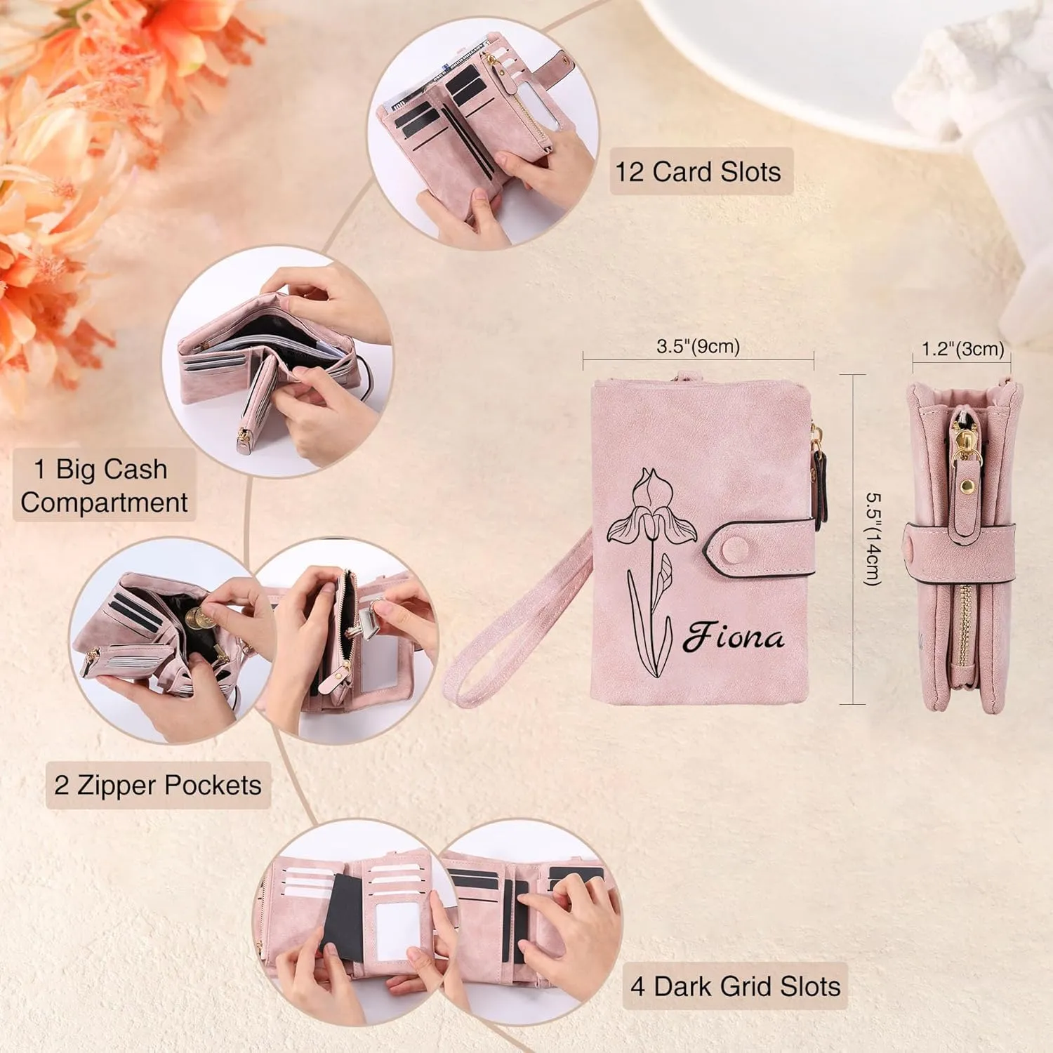Personalized Leather Wallets for Women Wallets with Zipper Coin Purse with Wrist Strap Small Ladies Wallet with Name Birth Flower Leather Wallet for Girlfriend Wife Mother's Day - Brown