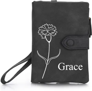 Personalized Leather Wallets for Women with Zipper Coin Purse, Wrist Strap, Small Ladies Wallet with Name Birth Flower for Girlfriend Wife Mother's Day - Black