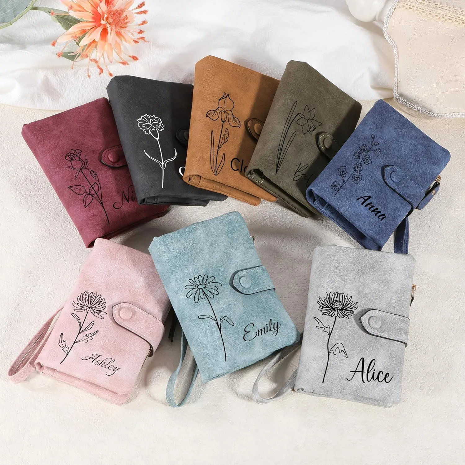 Personalized Leather Wallets for Women with Zipper Coin Purse, Wrist Strap, Small Ladies Wallet with Name Birth Flower for Girlfriend Wife Mother's Day - Black