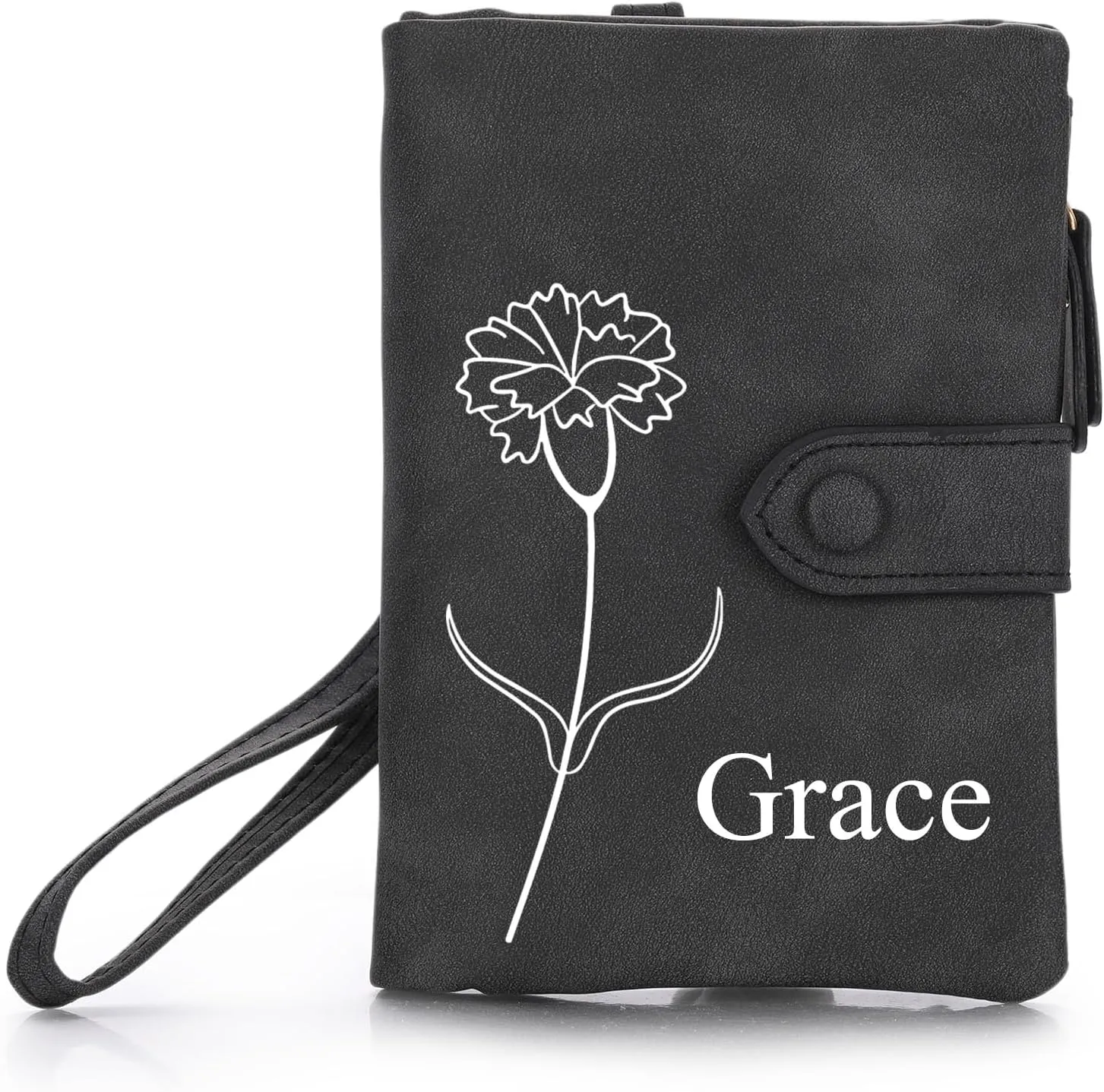 Personalized Leather Wallets for Women with Zipper Coin Purse, Wrist Strap, Small Ladies Wallet with Name Birth Flower for Girlfriend Wife Mother's Day - Black