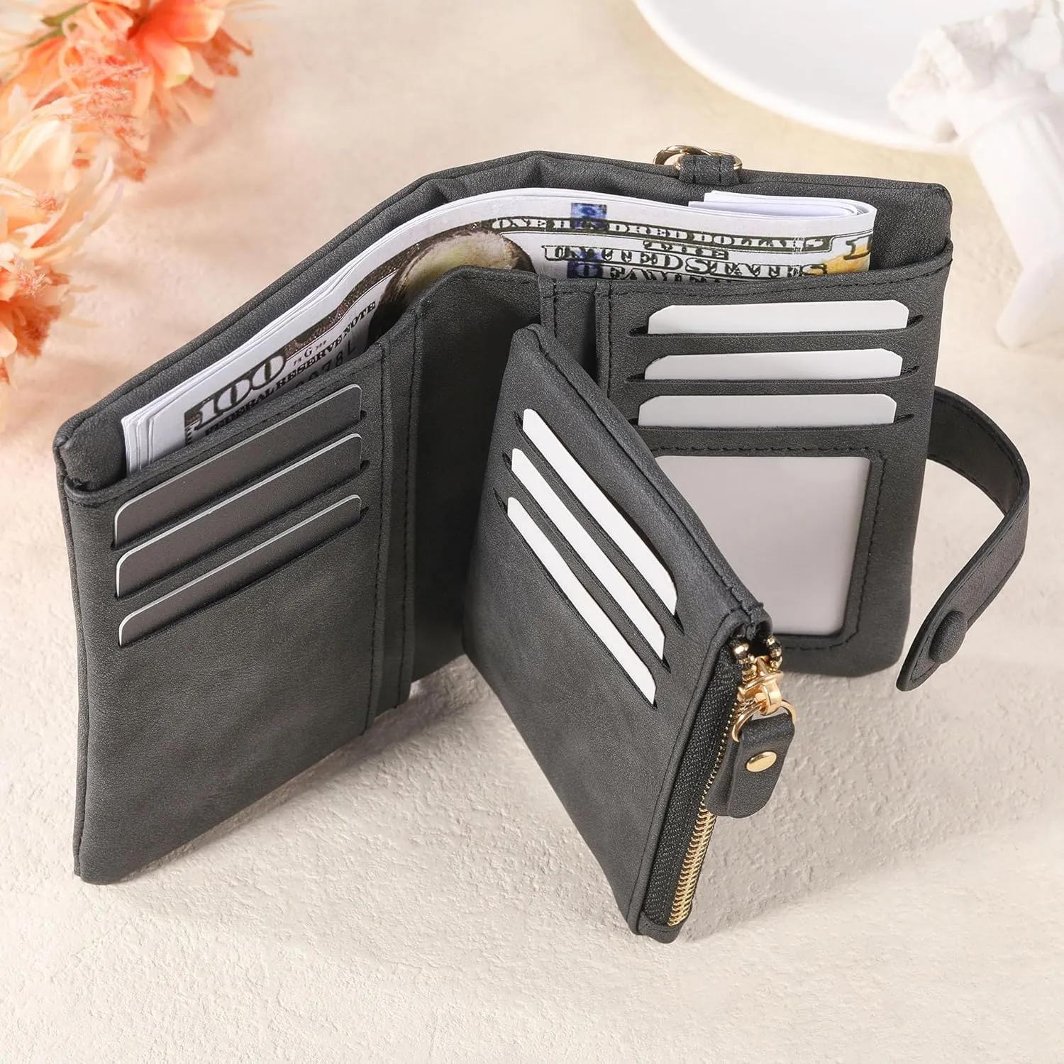 Personalized Leather Wallets for Women with Zipper Coin Purse, Wrist Strap, Small Ladies Wallet with Name Birth Flower for Girlfriend Wife Mother's Day - Black