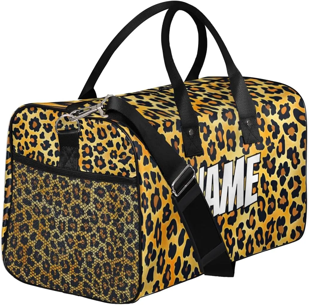 Personalized Leopard Print Travel Duffel Bag with Name, Custom Gym Sport Bag Skin Pattern Carry On Weekend Overnight Duffel Bag for Men Women