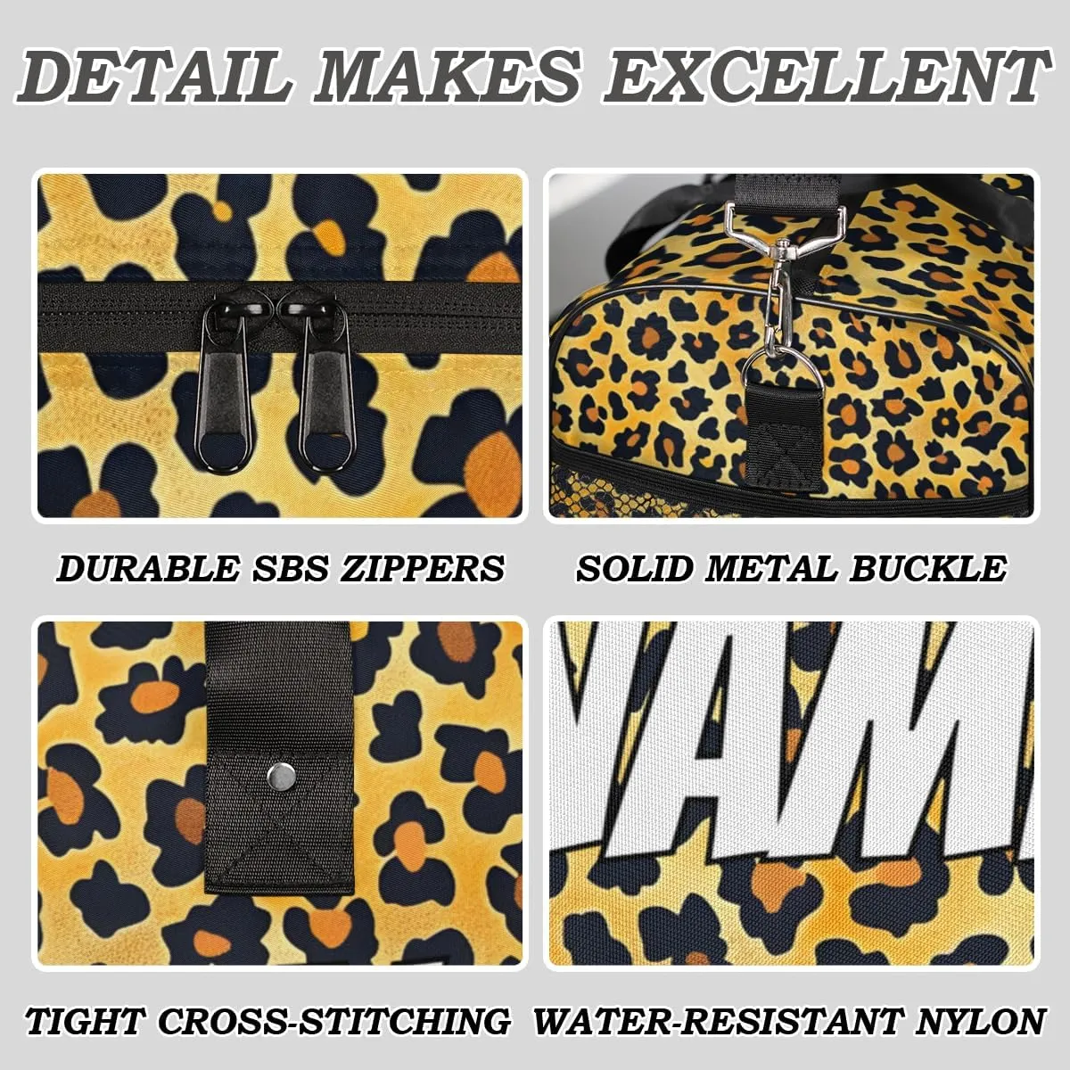 Personalized Leopard Print Travel Duffel Bag with Name, Custom Gym Sport Bag Skin Pattern Carry On Weekend Overnight Duffel Bag for Men Women
