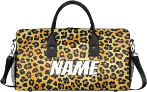 Personalized Leopard Print Travel Duffel Bag with Name, Custom Gym Sport Bag Skin Pattern Carry On Weekend Overnight Duffel Bag for Men Women