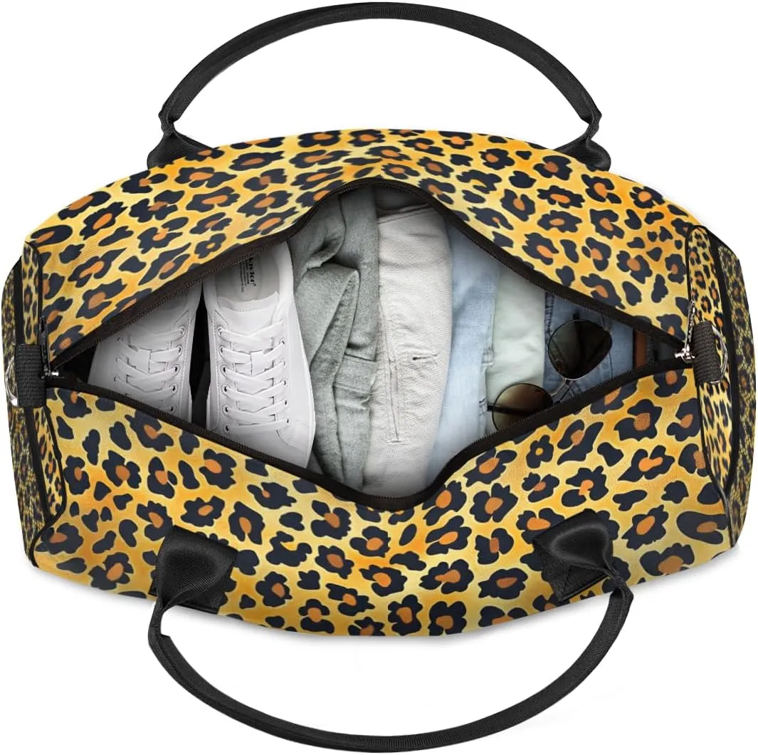 Personalized Leopard Print Travel Duffel Bag with Name, Custom Gym Sport Bag Skin Pattern Carry On Weekend Overnight Duffel Bag for Men Women