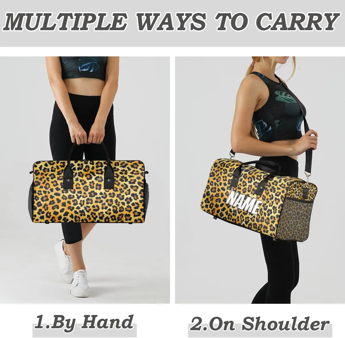 Personalized Leopard Print Travel Duffel Bag with Name, Custom Gym Sport Bag Skin Pattern Carry On Weekend Overnight Duffel Bag for Men Women
