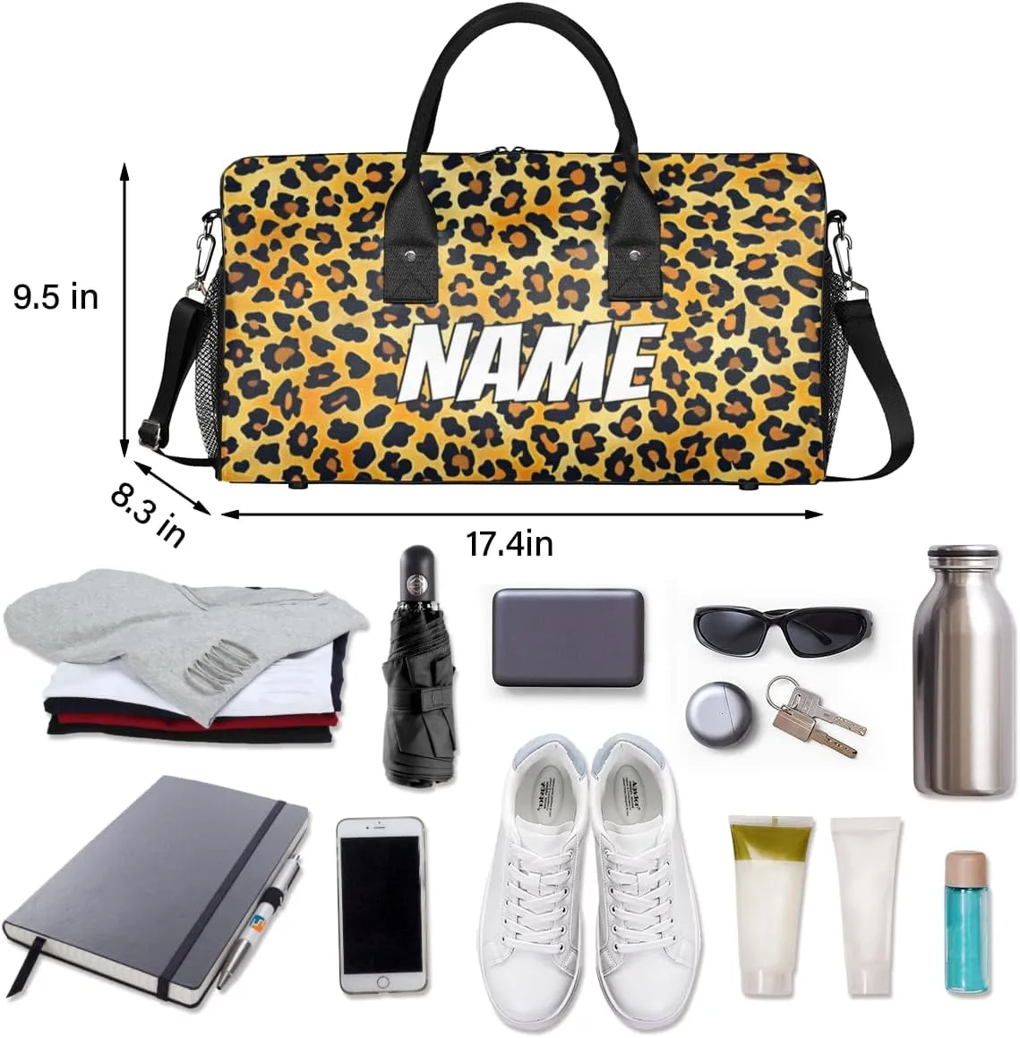 Personalized Leopard Print Travel Duffel Bag with Name, Custom Gym Sport Bag Skin Pattern Carry On Weekend Overnight Duffel Bag for Men Women