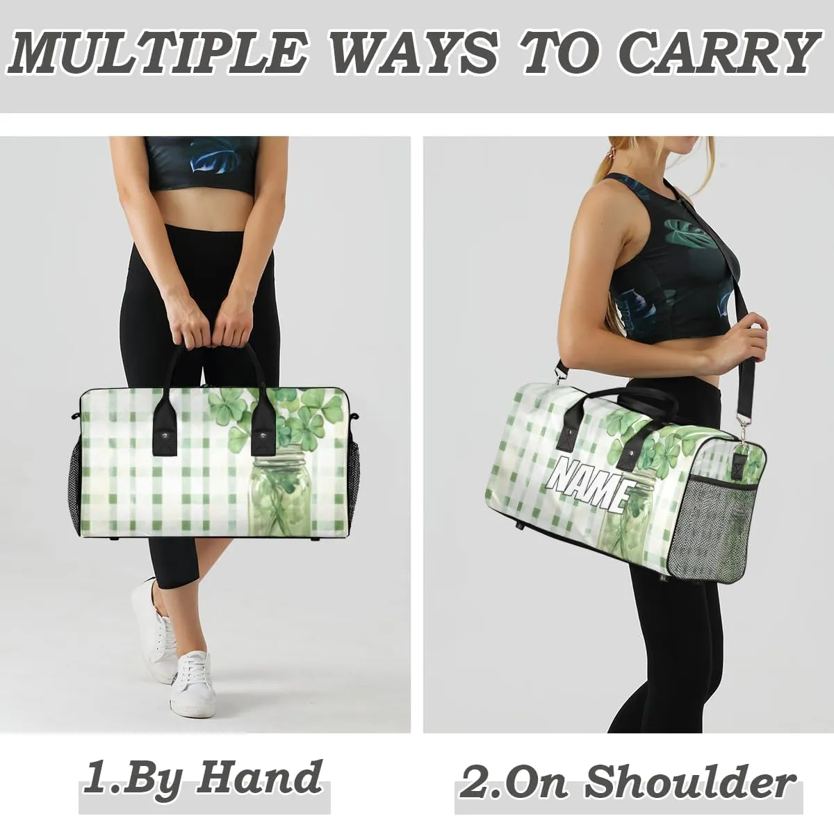 Personalized Lucky Clover Travel Duffel Bag with Name, Custom Gym Sport Bag Green White Check Carry On Weekend Overnight Duffel Bag for Men Women