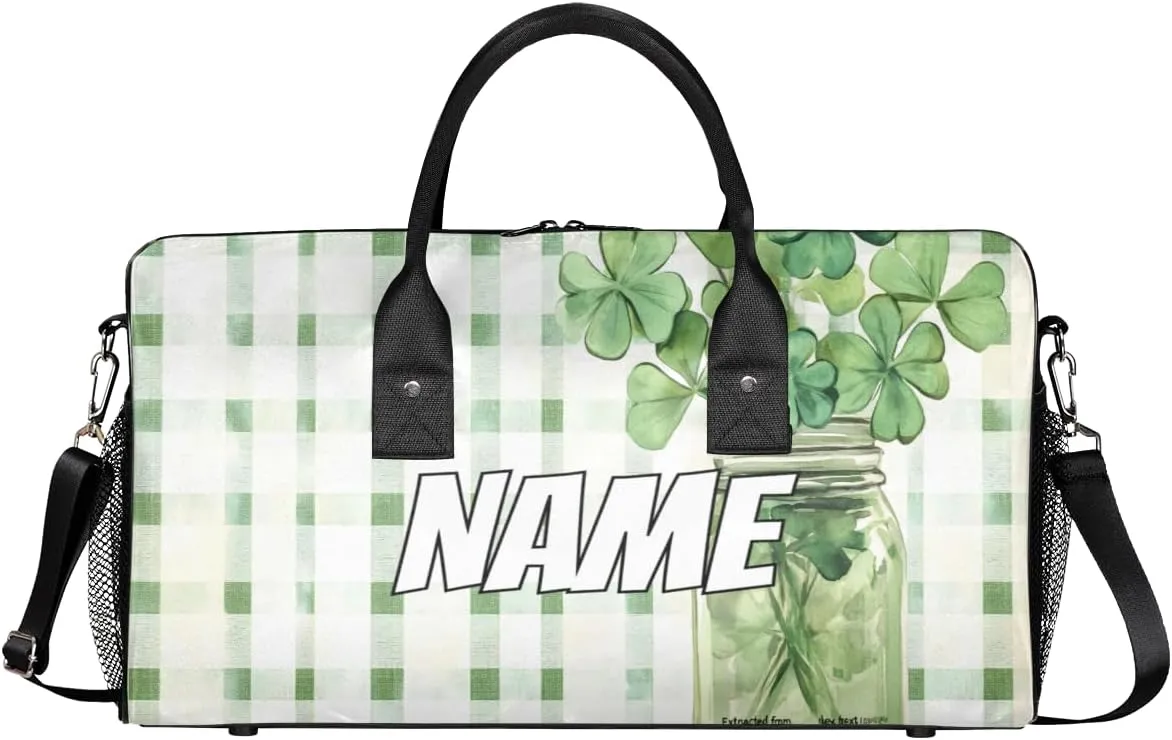 Personalized Lucky Clover Travel Duffel Bag with Name, Custom Gym Sport Bag Green White Check Carry On Weekend Overnight Duffel Bag for Men Women