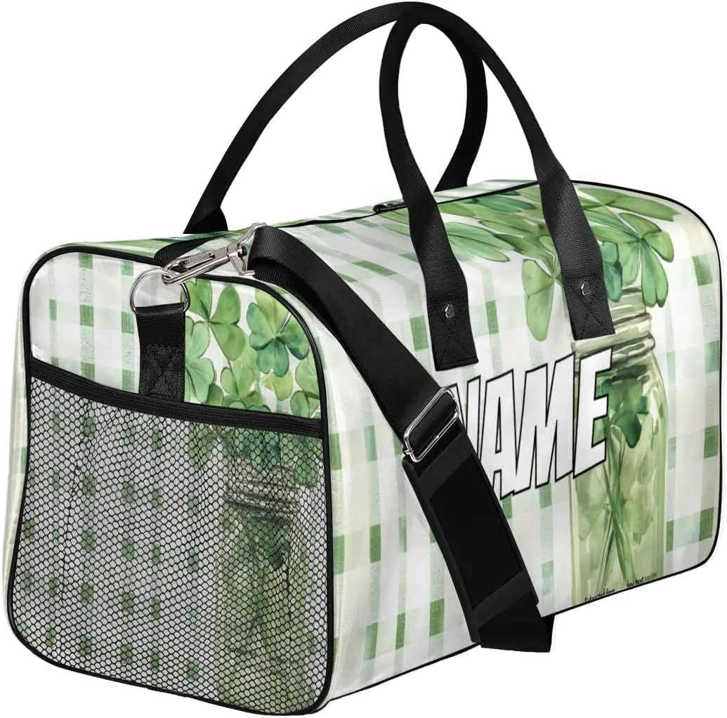 Personalized Lucky Clover Travel Duffel Bag with Name, Custom Gym Sport Bag Green White Check Carry On Weekend Overnight Duffel Bag for Men Women