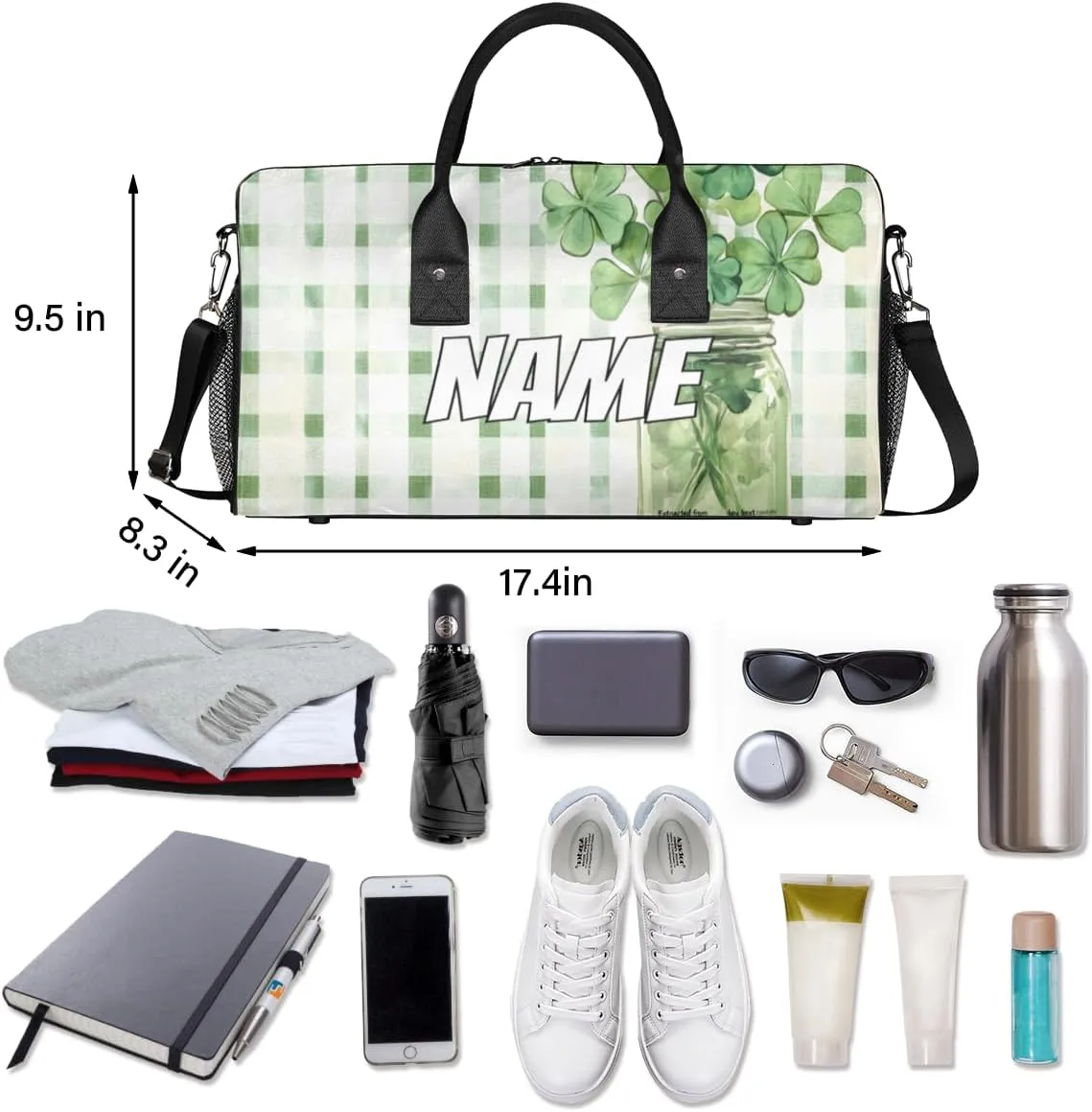 Personalized Lucky Clover Travel Duffel Bag with Name, Custom Gym Sport Bag Green White Check Carry On Weekend Overnight Duffel Bag for Men Women