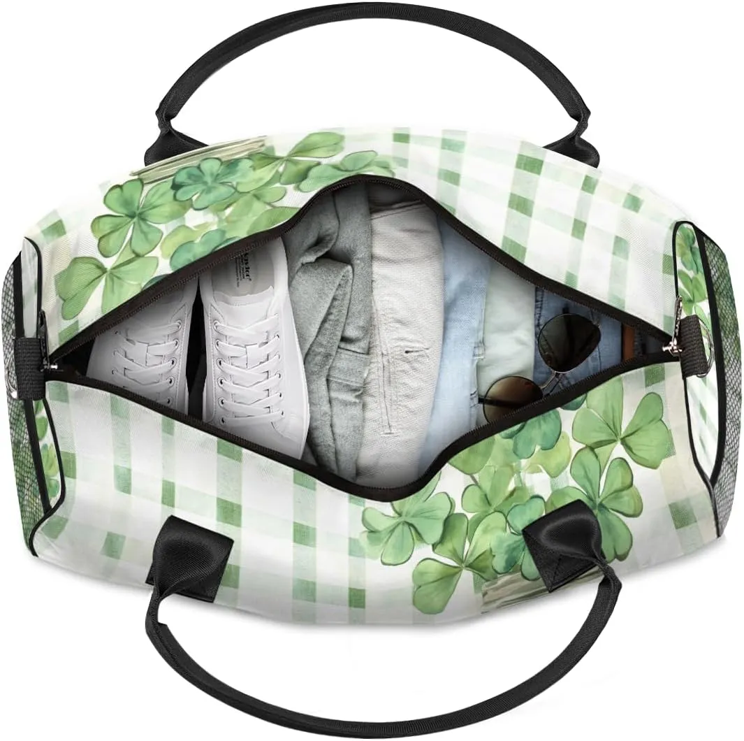 Personalized Lucky Clover Travel Duffel Bag with Name, Custom Gym Sport Bag Green White Check Carry On Weekend Overnight Duffel Bag for Men Women