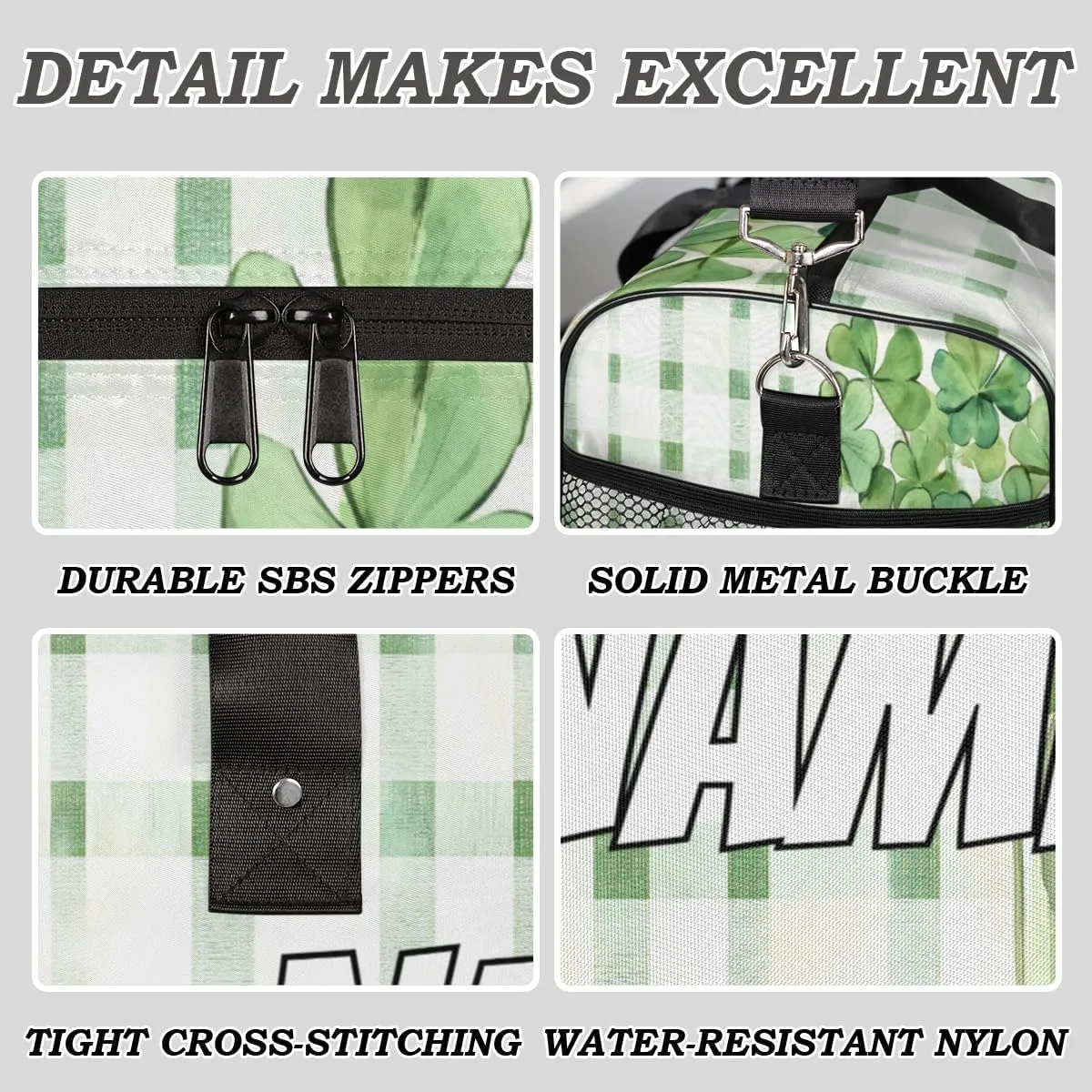 Personalized Lucky Clover Travel Duffel Bag with Name, Custom Gym Sport Bag Green White Check Carry On Weekend Overnight Duffel Bag for Men Women