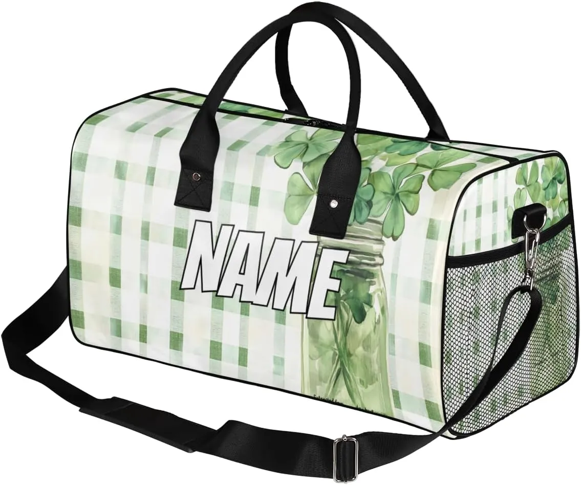 Personalized Lucky Clover Travel Duffel Bag with Name, Custom Gym Sport Bag Green White Check Carry On Weekend Overnight Duffel Bag for Men Women