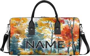 Personalized Maple Leaves Travel Duffel Bag with Name, Custom Gym Sport Bag Autumn Nature Plants Carry On Weekend Overnight Duffel Bag for Men Women