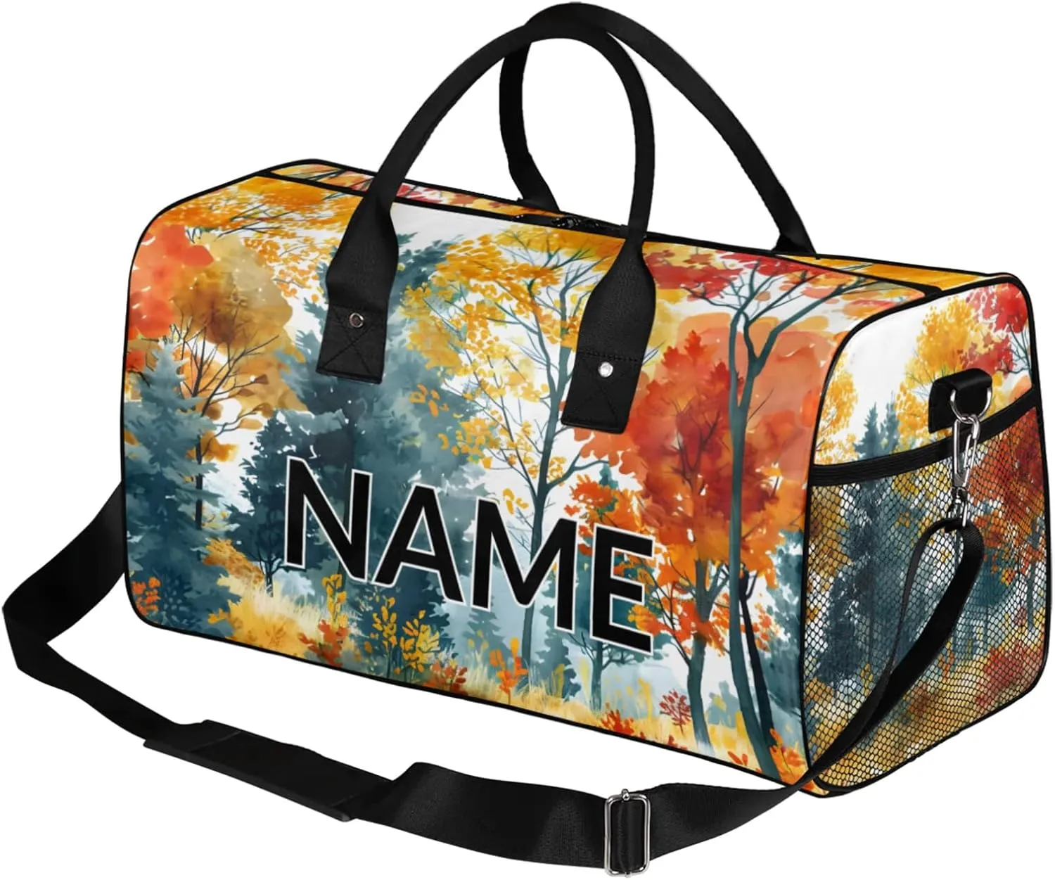 Personalized Maple Leaves Travel Duffel Bag with Name, Custom Gym Sport Bag Autumn Nature Plants Carry On Weekend Overnight Duffel Bag for Men Women