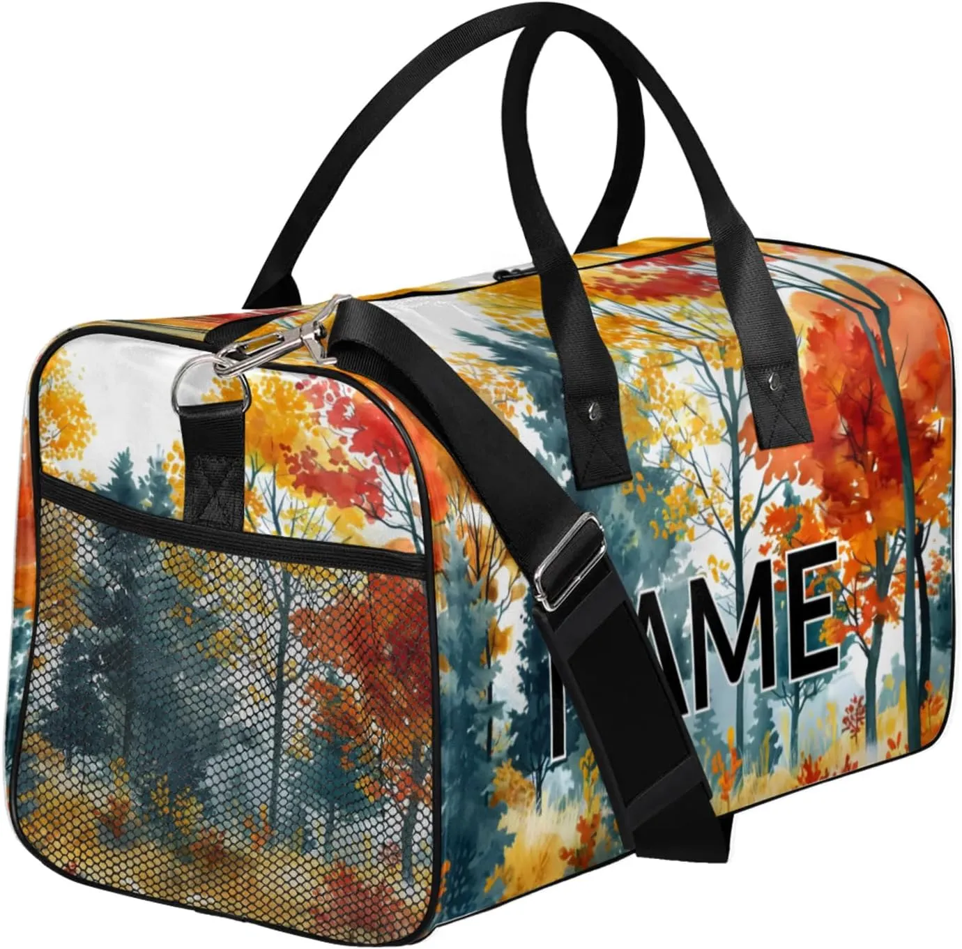 Personalized Maple Leaves Travel Duffel Bag with Name, Custom Gym Sport Bag Autumn Nature Plants Carry On Weekend Overnight Duffel Bag for Men Women