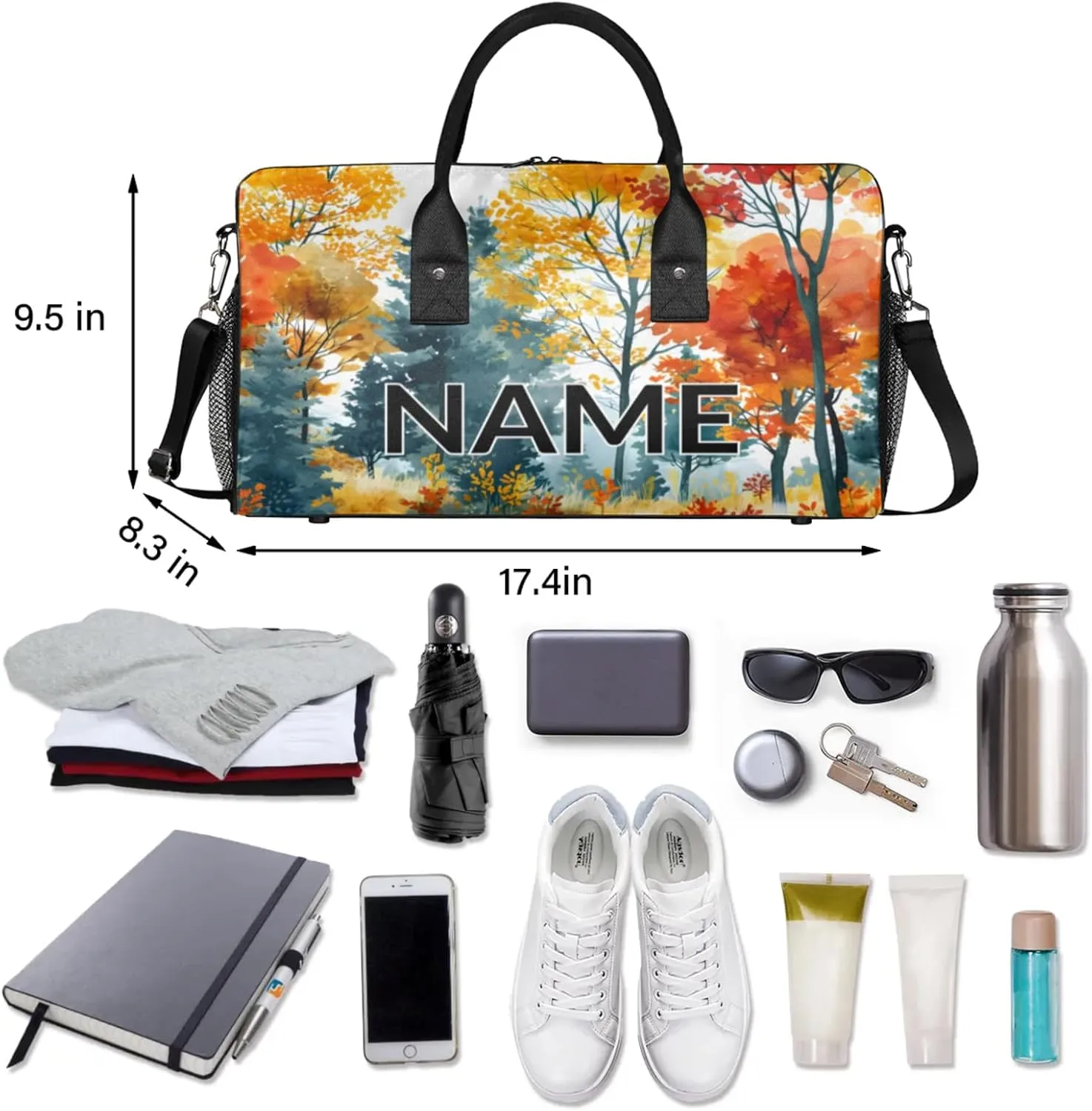 Personalized Maple Leaves Travel Duffel Bag with Name, Custom Gym Sport Bag Autumn Nature Plants Carry On Weekend Overnight Duffel Bag for Men Women