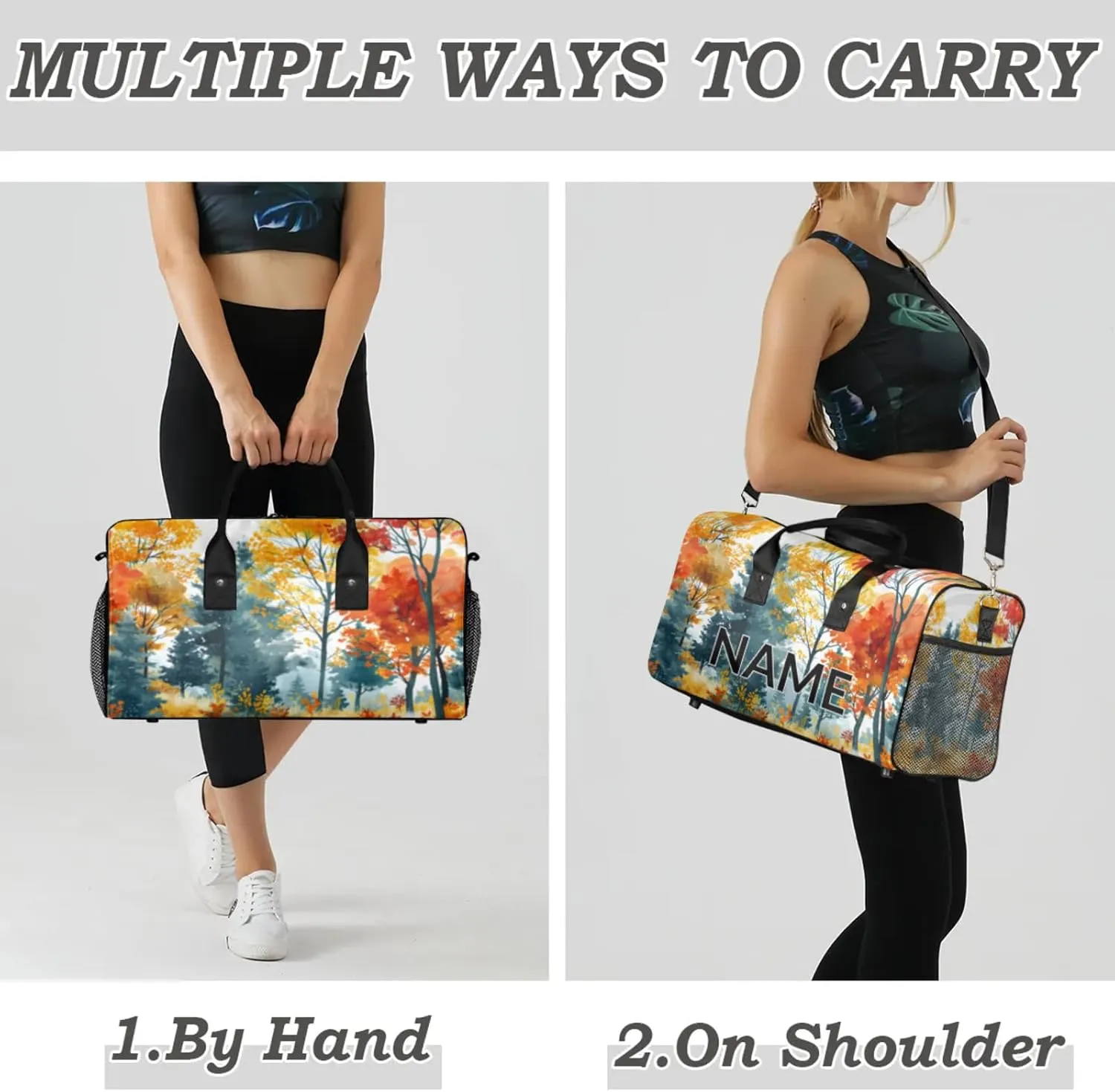 Personalized Maple Leaves Travel Duffel Bag with Name, Custom Gym Sport Bag Autumn Nature Plants Carry On Weekend Overnight Duffel Bag for Men Women
