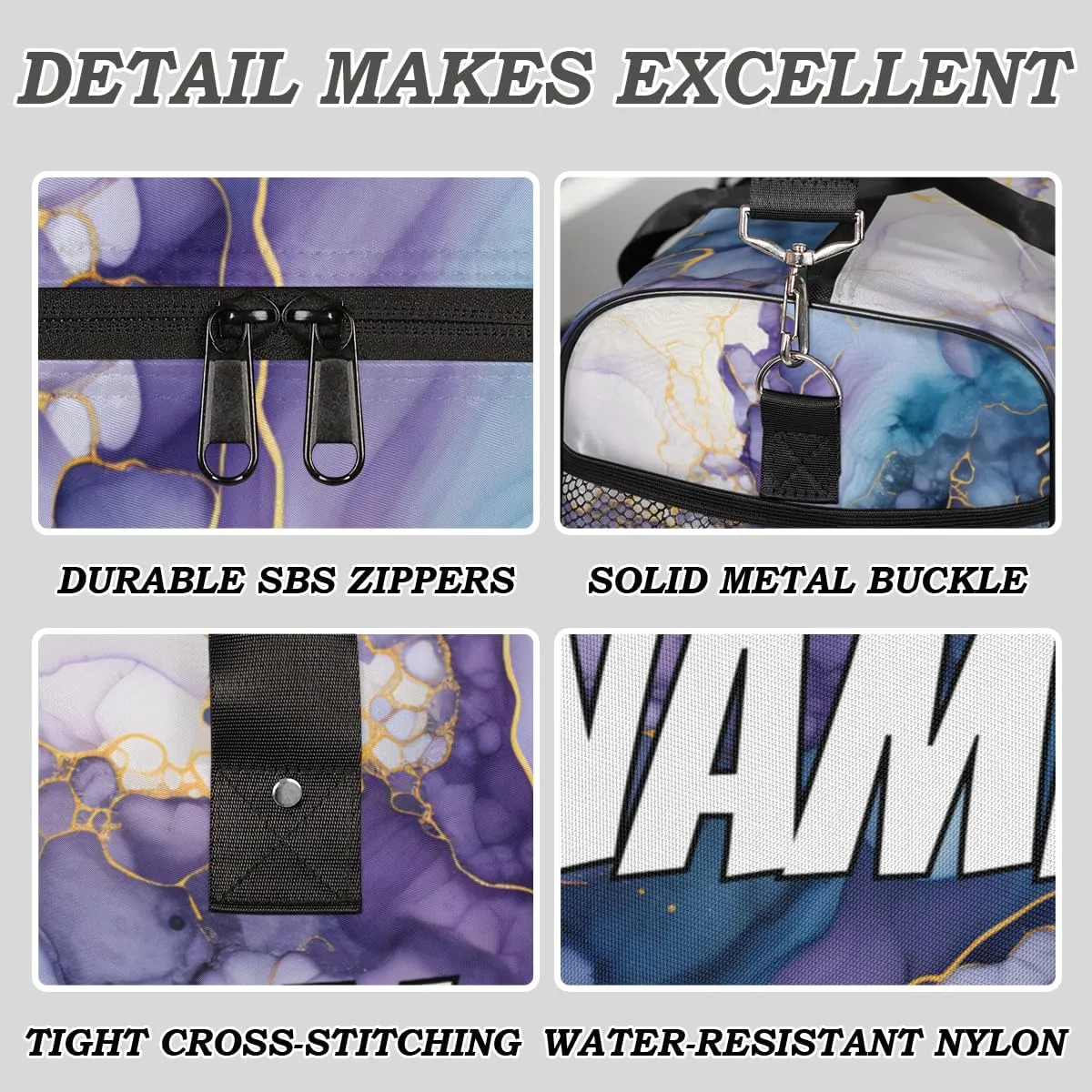 Personalized Marble Pattern Travel Duffel Bag with Name, Custom Gym Sport Bag Blue Purple Carry On Weekend Overnight Duffel Bag for Men Women