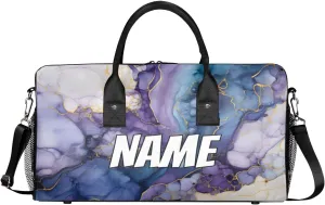Personalized Marble Pattern Travel Duffel Bag with Name, Custom Gym Sport Bag Blue Purple Carry On Weekend Overnight Duffel Bag for Men Women