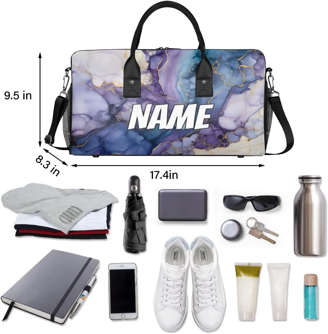 Personalized Marble Pattern Travel Duffel Bag with Name, Custom Gym Sport Bag Blue Purple Carry On Weekend Overnight Duffel Bag for Men Women