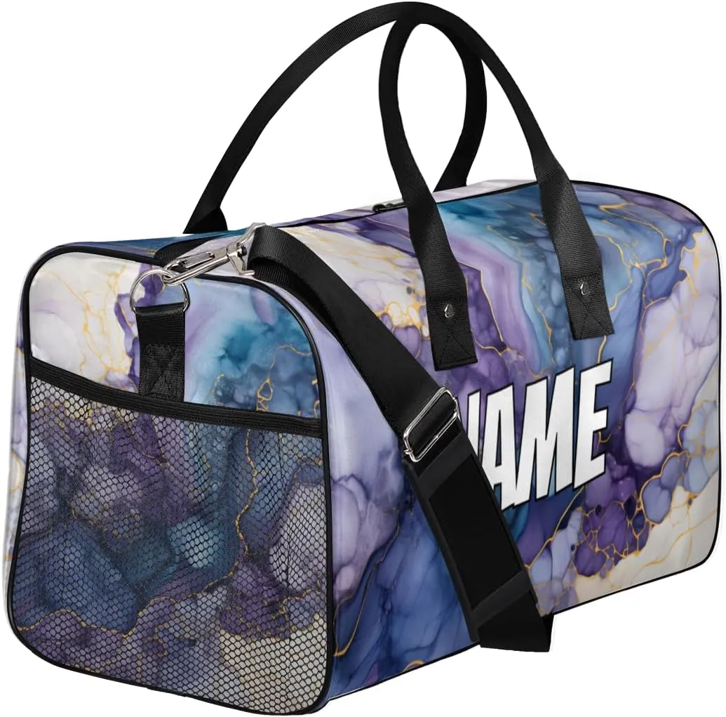 Personalized Marble Pattern Travel Duffel Bag with Name, Custom Gym Sport Bag Blue Purple Carry On Weekend Overnight Duffel Bag for Men Women