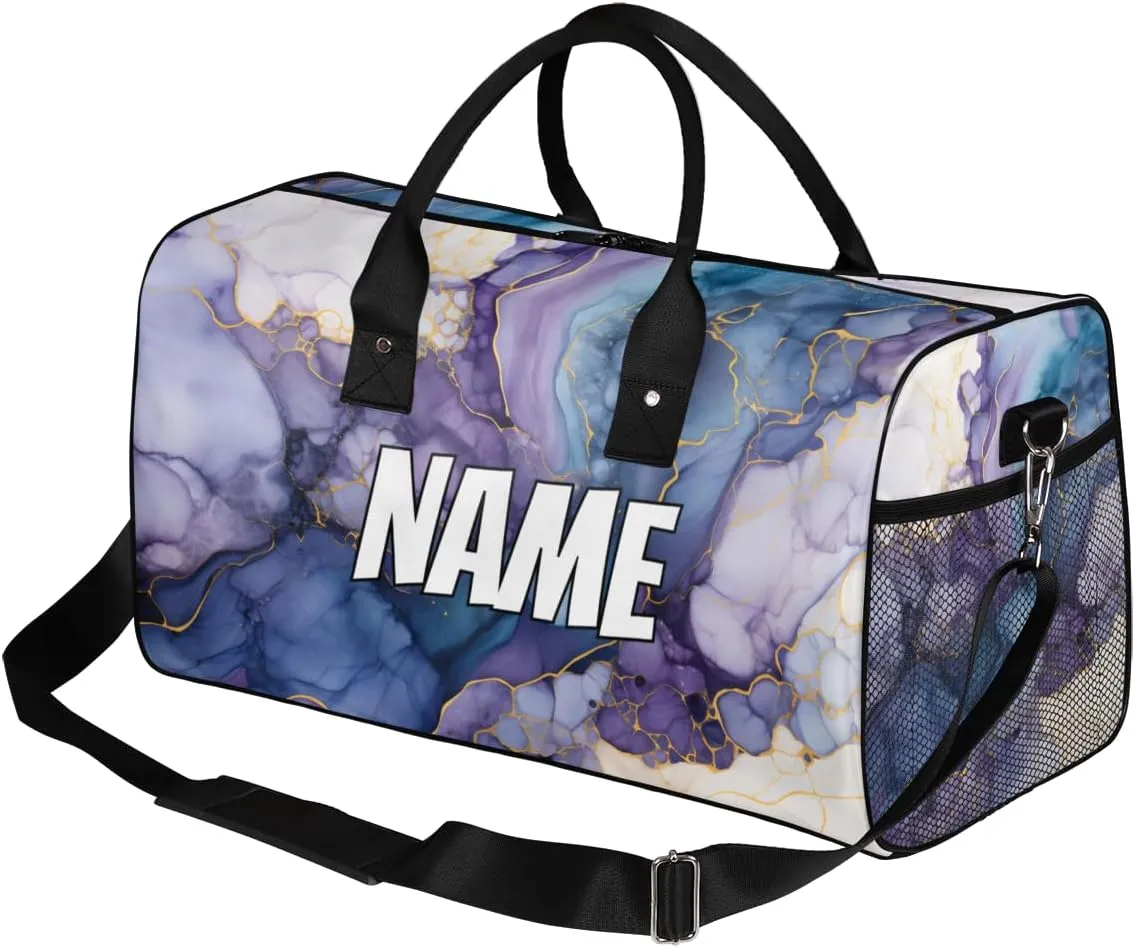 Personalized Marble Pattern Travel Duffel Bag with Name, Custom Gym Sport Bag Blue Purple Carry On Weekend Overnight Duffel Bag for Men Women