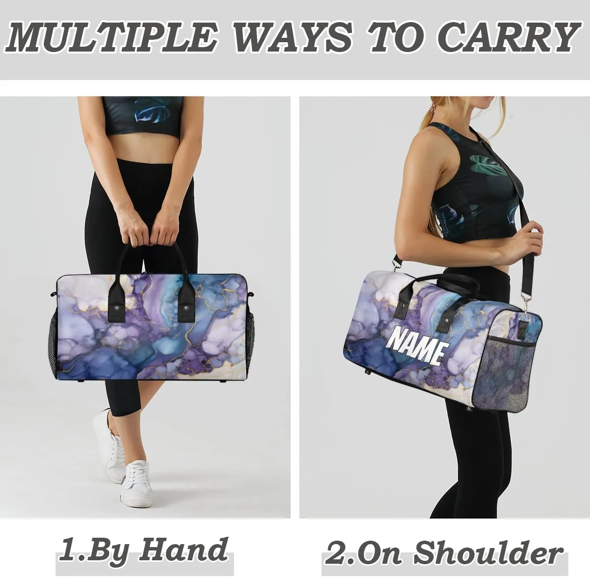 Personalized Marble Pattern Travel Duffel Bag with Name, Custom Gym Sport Bag Blue Purple Carry On Weekend Overnight Duffel Bag for Men Women