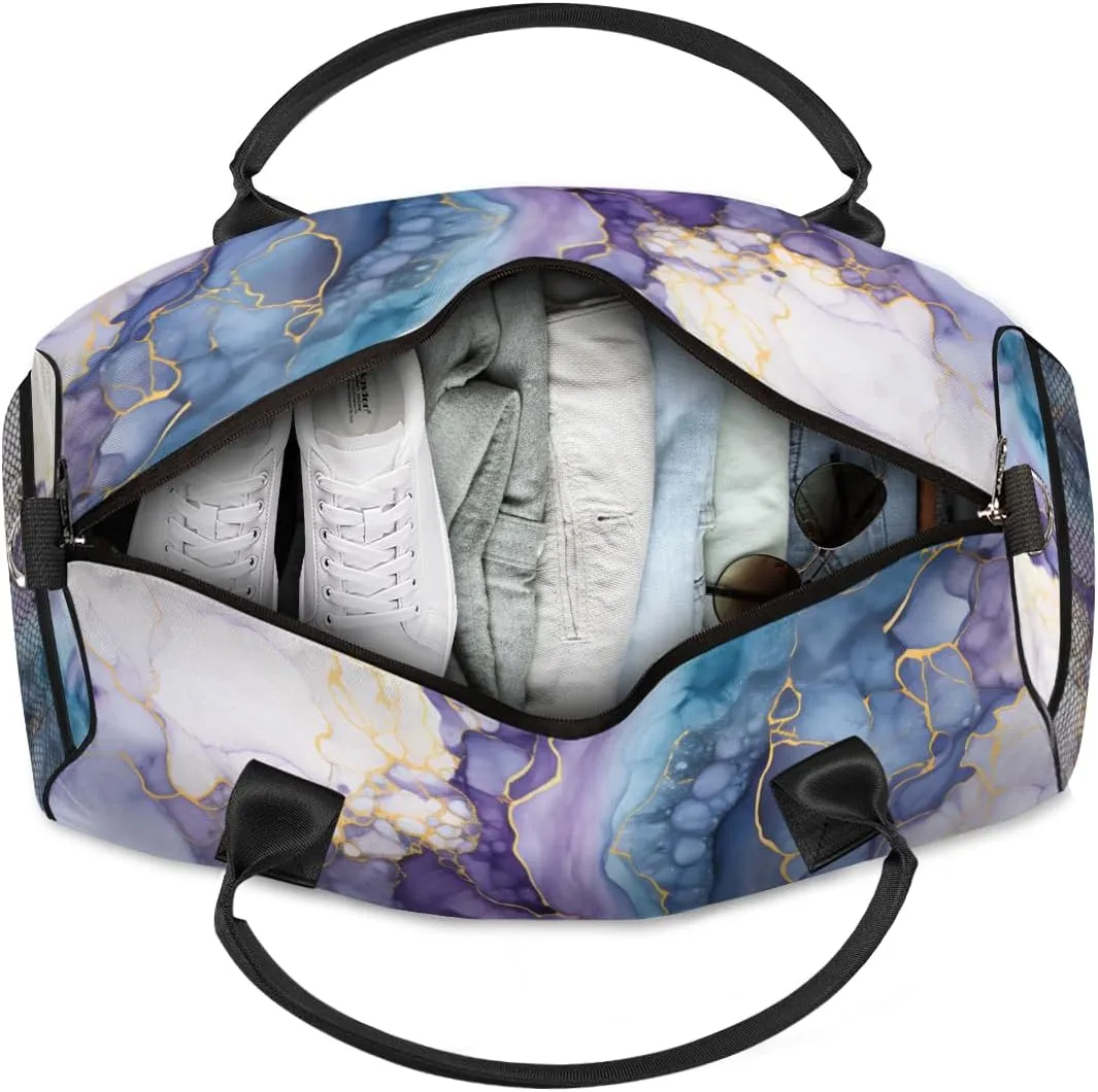 Personalized Marble Pattern Travel Duffel Bag with Name, Custom Gym Sport Bag Blue Purple Carry On Weekend Overnight Duffel Bag for Men Women