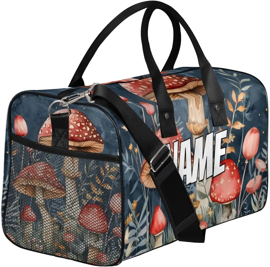 Personalized Mushrooms Plants Travel Duffel Bag with Name, Custom Gym Sport Bag Green Leaves Carry On Weekend Overnight Duffel Bag for Men Women
