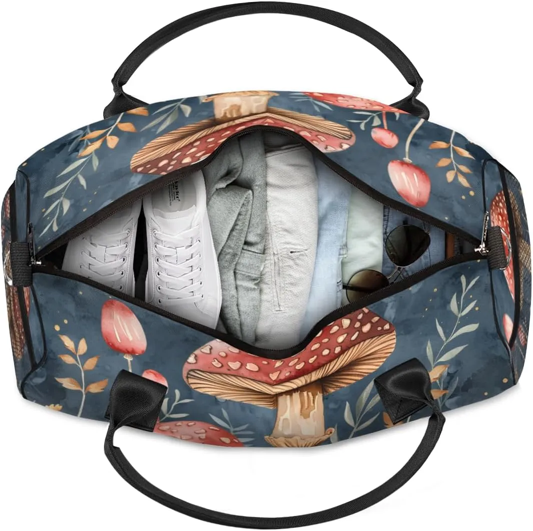 Personalized Mushrooms Plants Travel Duffel Bag with Name, Custom Gym Sport Bag Green Leaves Carry On Weekend Overnight Duffel Bag for Men Women