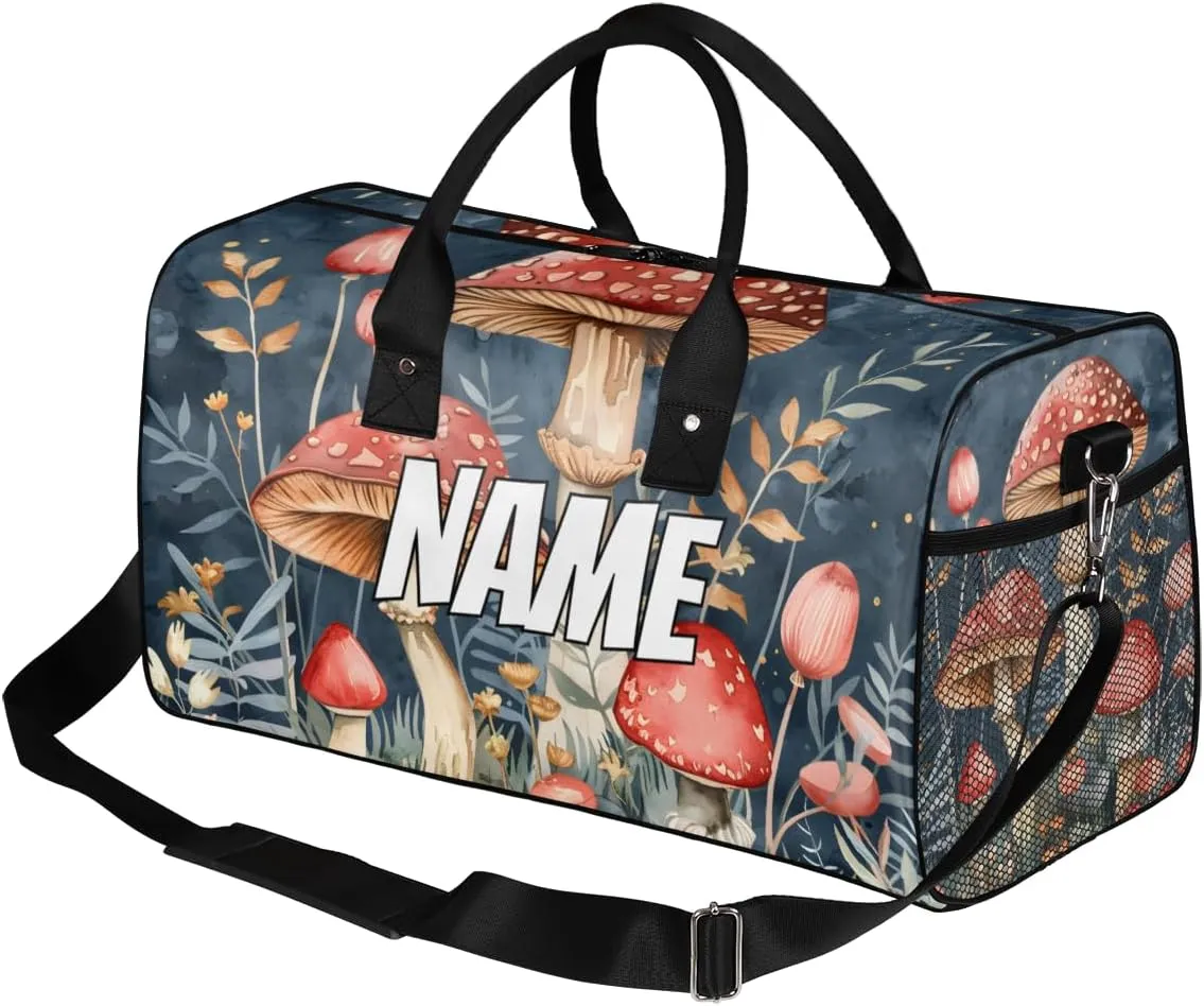 Personalized Mushrooms Plants Travel Duffel Bag with Name, Custom Gym Sport Bag Green Leaves Carry On Weekend Overnight Duffel Bag for Men Women