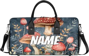 Personalized Mushrooms Plants Travel Duffel Bag with Name, Custom Gym Sport Bag Green Leaves Carry On Weekend Overnight Duffel Bag for Men Women