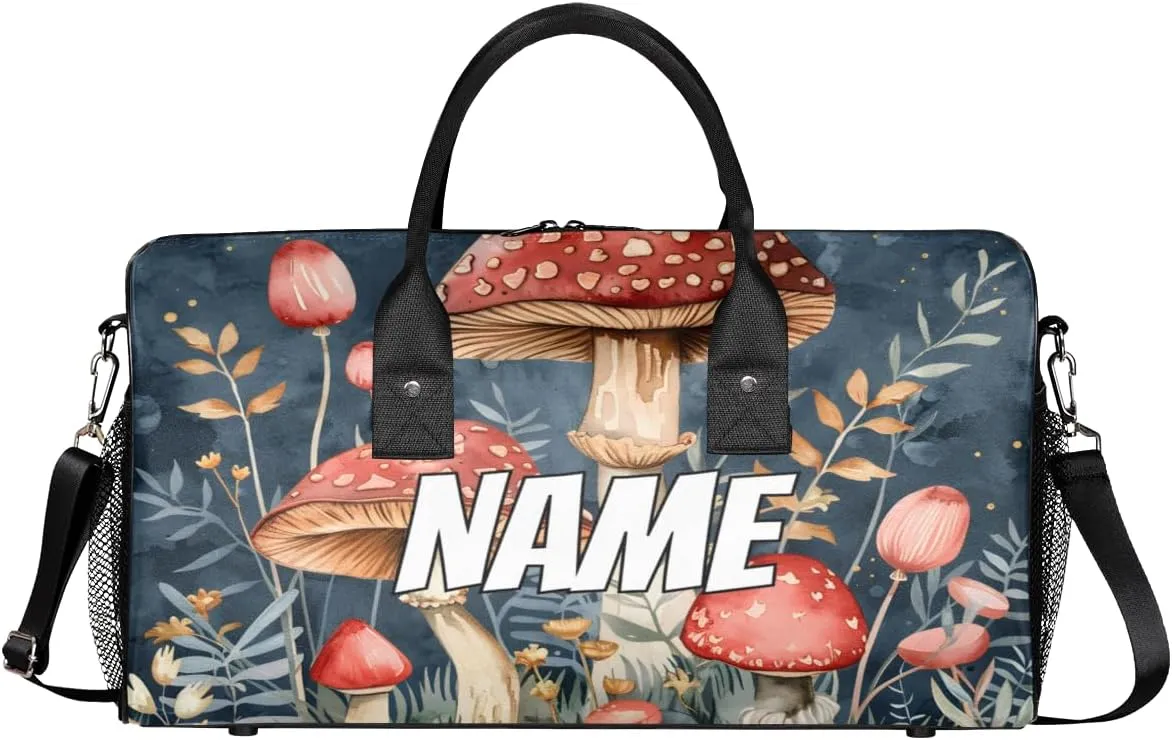 Personalized Mushrooms Plants Travel Duffel Bag with Name, Custom Gym Sport Bag Green Leaves Carry On Weekend Overnight Duffel Bag for Men Women