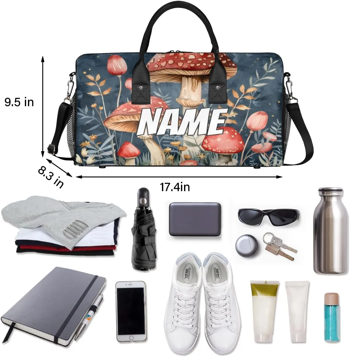 Personalized Mushrooms Plants Travel Duffel Bag with Name, Custom Gym Sport Bag Green Leaves Carry On Weekend Overnight Duffel Bag for Men Women