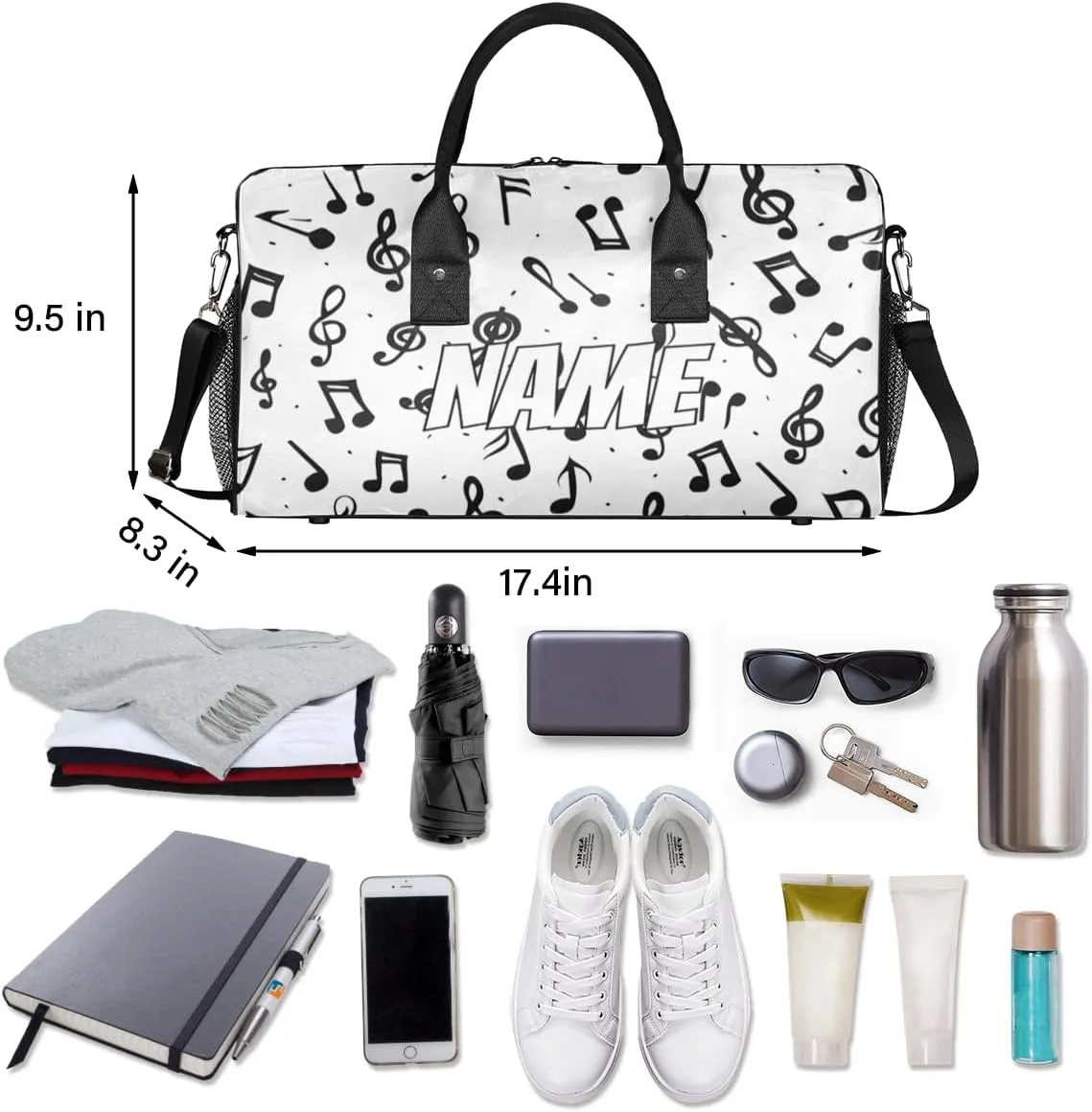 Personalized Music Notes Travel Duffel Bag with Name, Custom Gym Sport Bag Rustic Musical Carry On Weekend Overnight Duffel Bag for Men Women